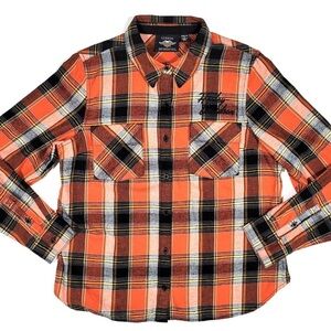 Harley-Davidson - Biker Long Sleeve Orange&Black Button-Up Plaid Shirt in Size S